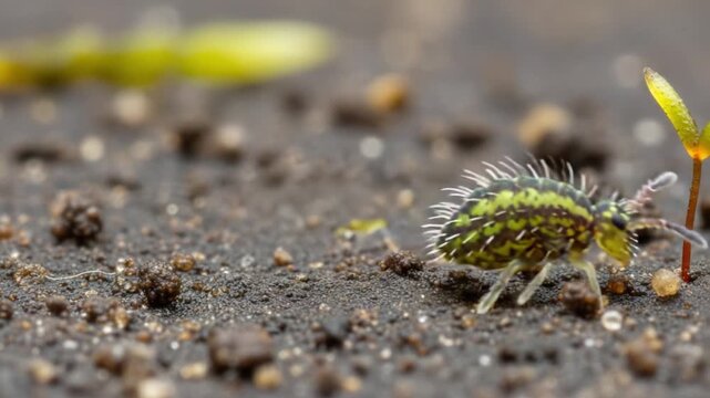 A Close-Up Observation of a Tiny Green Springtail Walking Across the Soil, Showcasing Its Unique Features and the Surrounding Environment