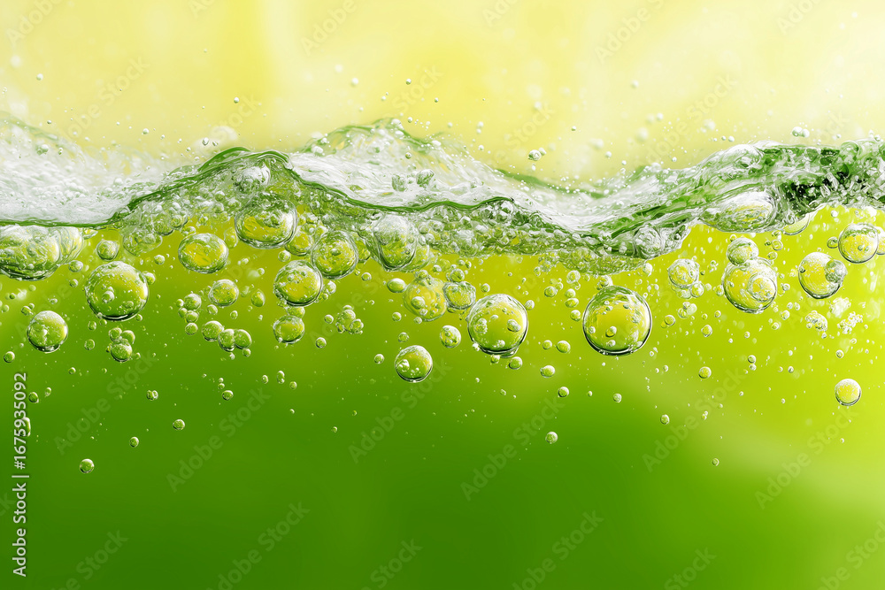Poster bubbles rise in refreshing green liquid, creating vibrant and lively atmosphere. gradient background
