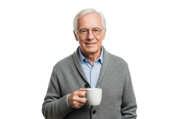 Happy senior man in a casual cardigan and glasses smiling while holding a white coffee mug.