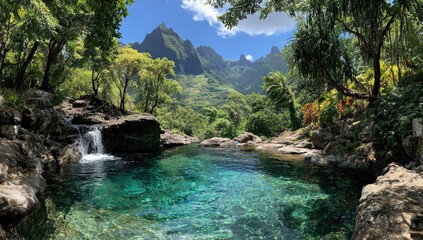 Naklejka premium Lush Tropical Pool Overlooking Mountains