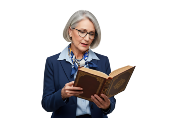 Elegant senior businesswoman in a suit and glasses focused on reading a vintage book.