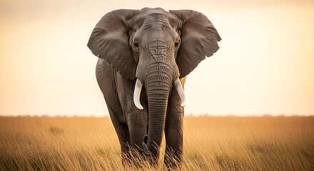 Fototapeta premium Majestic African elephant walking through golden savanna at sunset.