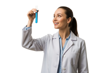 Happy female scientist in a white lab coat examining a test tube with blue liquid.