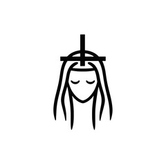 Elegant woman with cross, a spiritual and religious black line silhouette