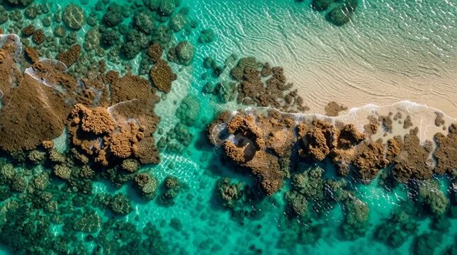 Top-down aerial drone view of a vibrant coral reef beneath crystal-clear turquoise water, with sunlight casting shimmering caustic patterns on the sandy seabed, showcasing pristine marine beauty.