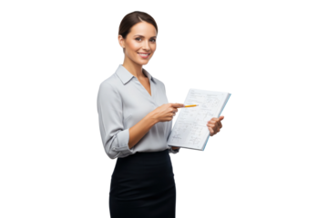 Professional businesswoman smiling while pointing to a financial report with charts and graphs.