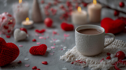 Valentine's Day-themed scene with red hearts, a white mug of hot chocolate, and small Valentine's Day decorations scattered around on a light grey background.