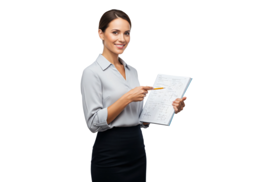 Professional businesswoman smiling while pointing to a financial report with charts and graphs.
