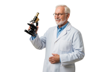Happy senior scientist or biology researcher in a lab coat holding a professional microscope.