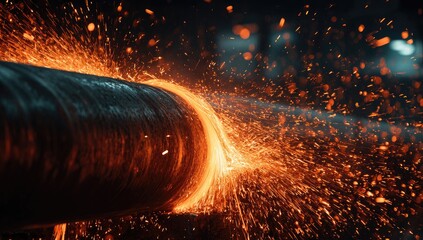Intense sparks erupt as a metal pipe is cut