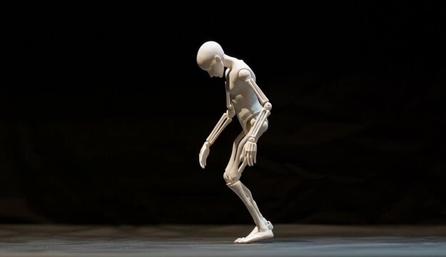 Artist person posing doll in walking gesture on black background
