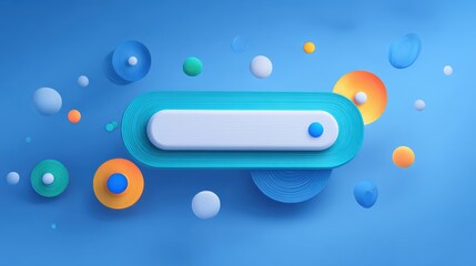 Minimal abstract background for online shopping e-commerce concept. Search bar surrounded with floating elements on blue background. 3d vector illustration