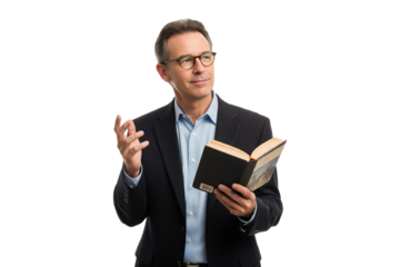Thoughtful professor or intellectual in a formal suit and glasses discussing a book.
