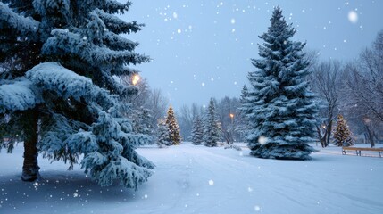 Fototapeta premium Snowy winter landscape with snow-covered pine trees at dusk in a tranquil park.