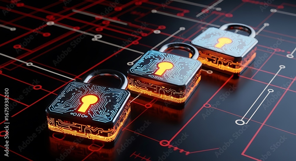 Poster digital security concept with glowing padlocks on a circuit board background, tote bag mockup, canva