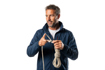 Experienced yachtsman in a sailing jacket focused on tying a secure nautical knot in a rope.