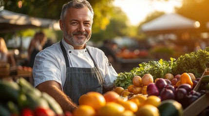 Smiling man in apron standing behind a table of fresh produce portrait
