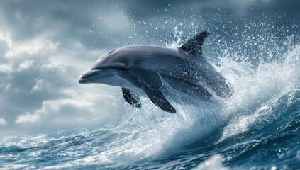 Majestic dolphin leaps from churning ocean waves