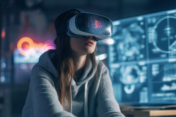 Young woman wearing VR headset explores immersive digital world in futuristic environment with holographic screens and neon lights, symbolizing innovation and virtual technology.
