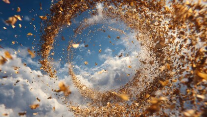 Golden confetti vortex against a partly cloudy sky