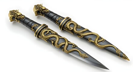 Decorative Daggers with Intricate Gold Dragon Design | Antique Asian Style Weapons for Fantasy, Collectibles and Historical Illustrations