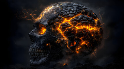 Fiery skull erupting with molten lava and crackling energy, a powerful symbol of transformation and intensity