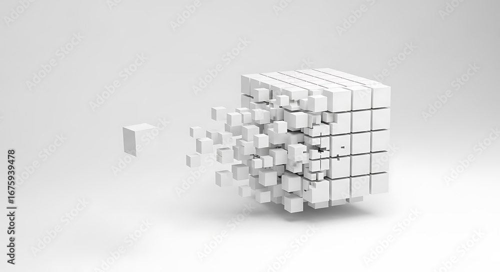 Poster cube disintegrating into small white cubes isolated on white background, tote bag mockup, canvas tot
