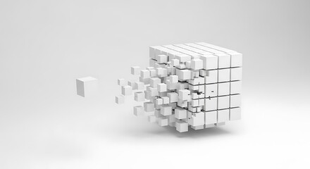 Cube disintegrating into small white cubes isolated on white background