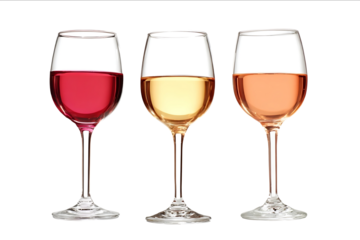 Wine glasses with red white and rose wine isolated on a white background With a clipping path Focus stacking