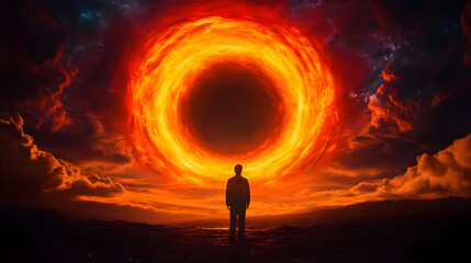 Lone explorer gazes at fiery cosmic vortex, feeling awe and wonder amidst swirling nebulae and dramatic clouds