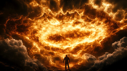 Lone figure stands before a colossal, fiery explosion of cosmic clouds under a dramatic, apocalyptic sky