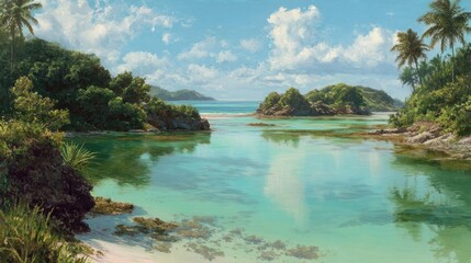 Fototapeta premium Tropical paradise painting depicting lagoon, islands, palms, clear water, and blue sky