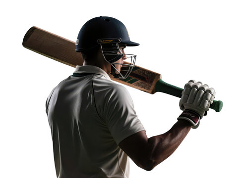 A cricket player in a helmet, holding a bat over his shoulder, looking away.