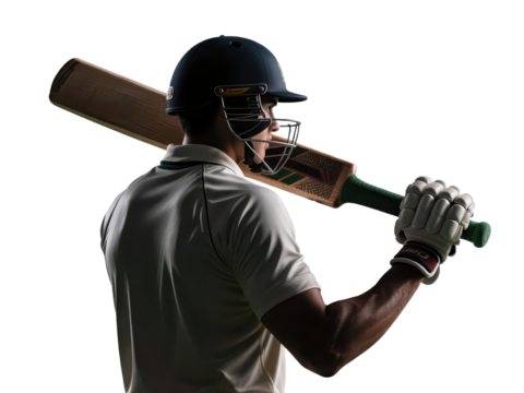 A cricket player in a helmet, holding a bat over his shoulder, looking away.