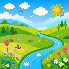 Obraz premium Vibrant vector illustration of a serene spring landscape with a winding river and blooming flowers