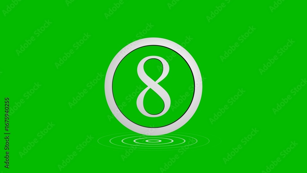 Poster number eight design featuring ripple effect number in silver circular frame on green background