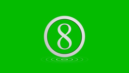 Number eight design featuring ripple effect number in silver circular frame on green background