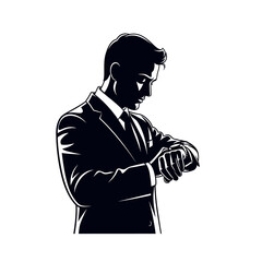 Stylish businessman checking the time on his wristwatch, focused on punctuality and schedule management in a modern, minimalist design for business needs