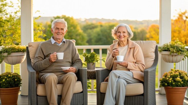 A joyful elderly couple enjoys coffee on a porch, surrounded by greenery and potted plants, capturing a serene moment of companionship.