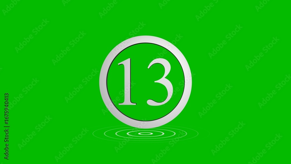 Poster digital number thirteen in a silver circle on a bright green background for various concepts