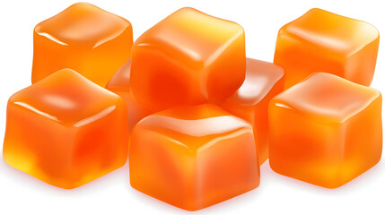 Delicious glistening orange gummy cubes, perfect for candy brands, sweet treats, and dessert advertising.