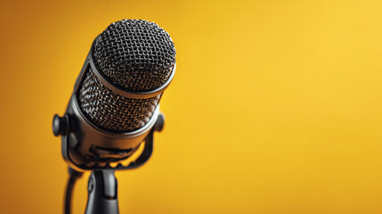 Black condenser microphone close-up on vibrant yellow background with copy space for podcast banner