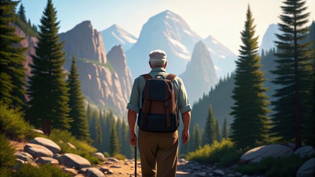 A hiker stands on a trail surrounded by towering mountains and lush pine trees, embracing the tranquility of nature. - Powered by Adobe