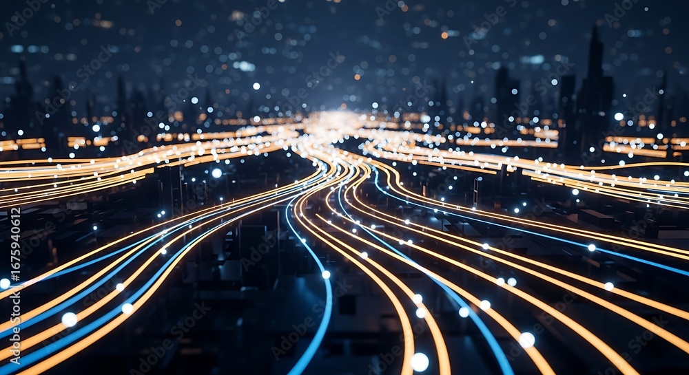 Poster abstract visualization of glowing light trails on a highway at night, representing data flow, tote b