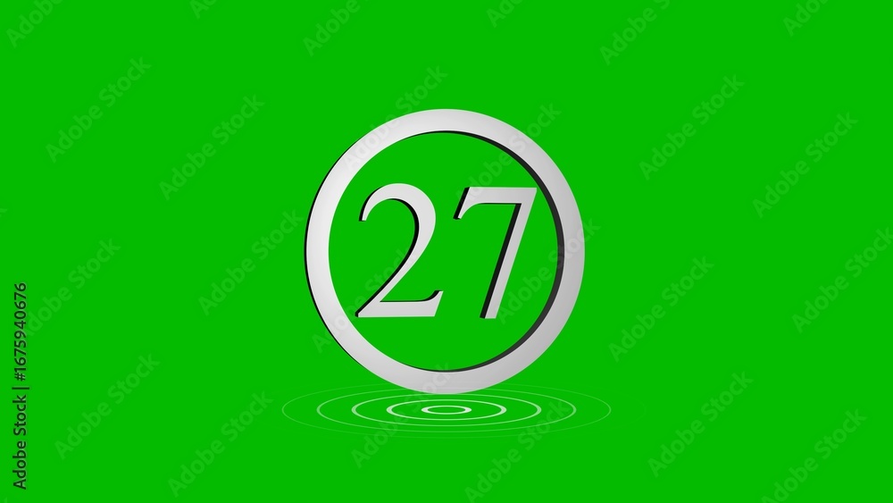 Poster digital render of number 27 inside a white circle against a green background with ripples