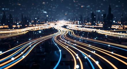 Abstract visualization of glowing light trails on a highway at night, representing data flow