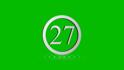 Digital render of number 27 inside a white circle against a green background with ripples