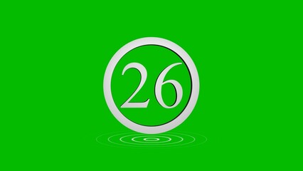 Graphic depiction of the number twenty six inside a silver circle on green background