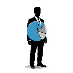 Dynamic businessman analyzing market share with a vibrant pie chart overlaying his silhouette, representing growth and financial success in a modern business setting