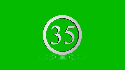 Number thirty five inside a silver circle on a vibrant green background graphic